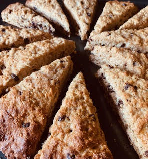 Freshly baked golden brown scones set in circle slightly apart from each other.